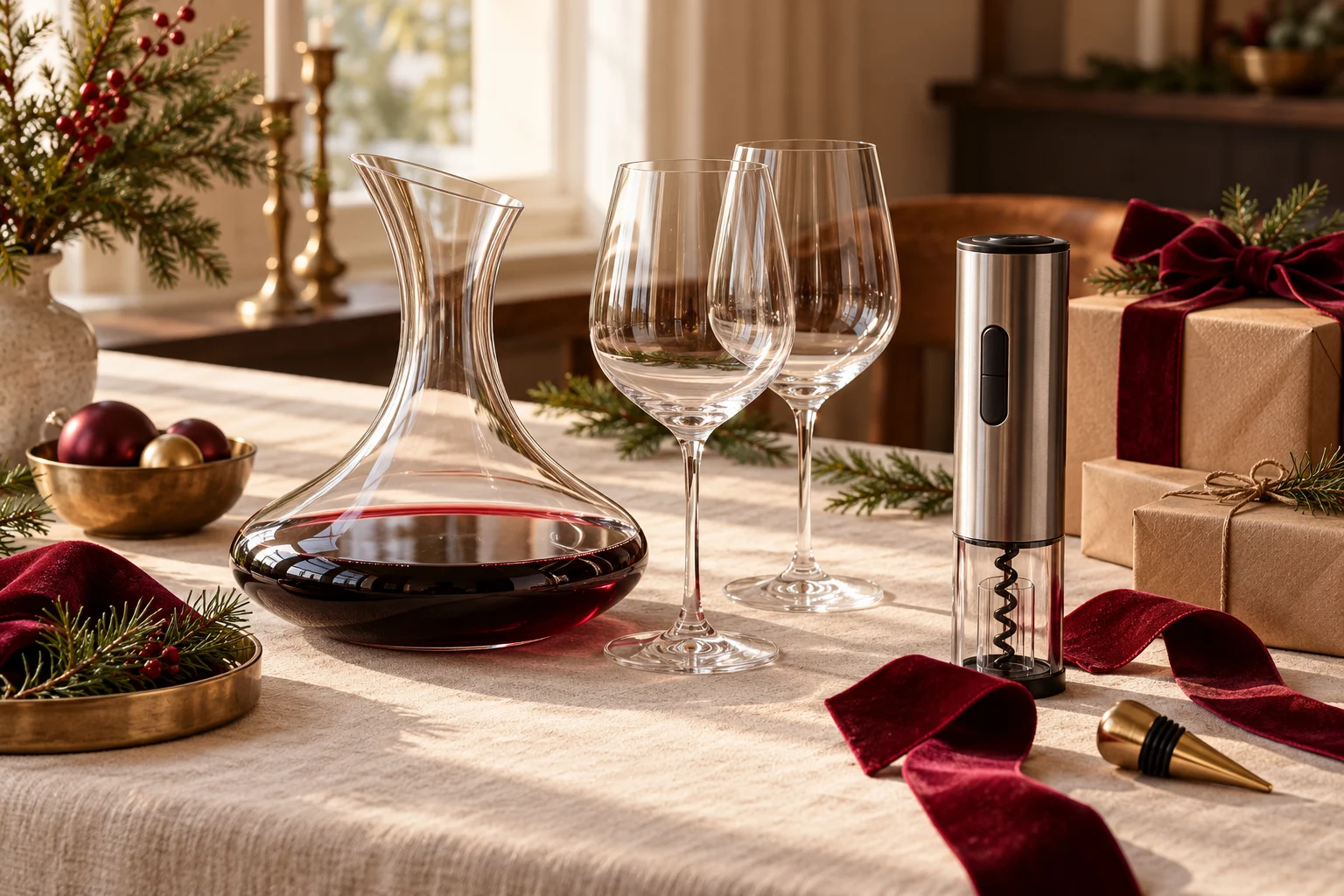Wine decanter, glasses, and bottle opener arranged with wrapped Christmas gifts
