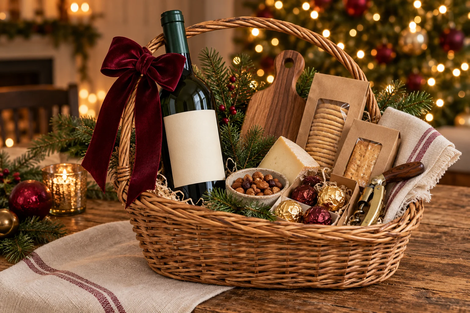 Wicker wine gift basket with a bottle, snacks, corkscrew, and burgundy Christmas ribbon