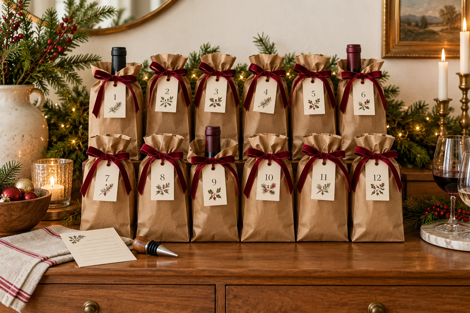 Twelve numbered kraft gift bags with burgundy ribbon arranged for a DIY wine advent calendar