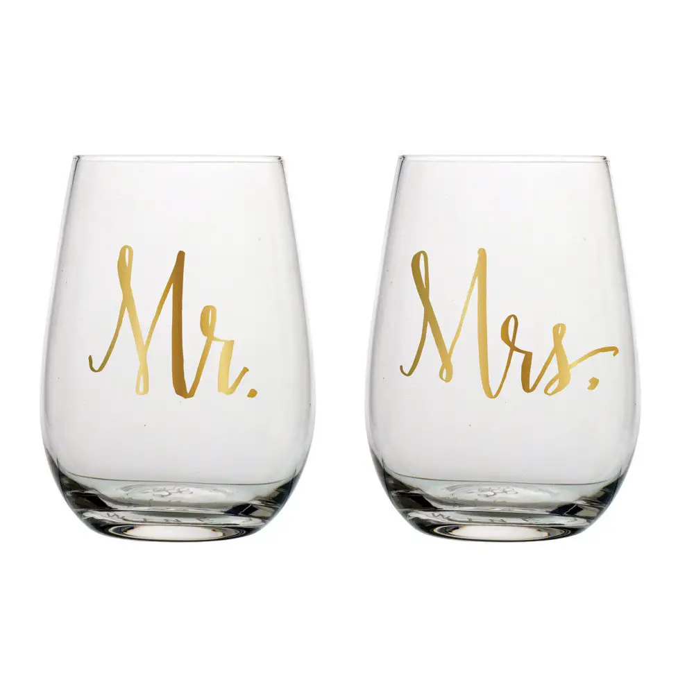 Slant Mr & Mrs Stemless Wine Glasses