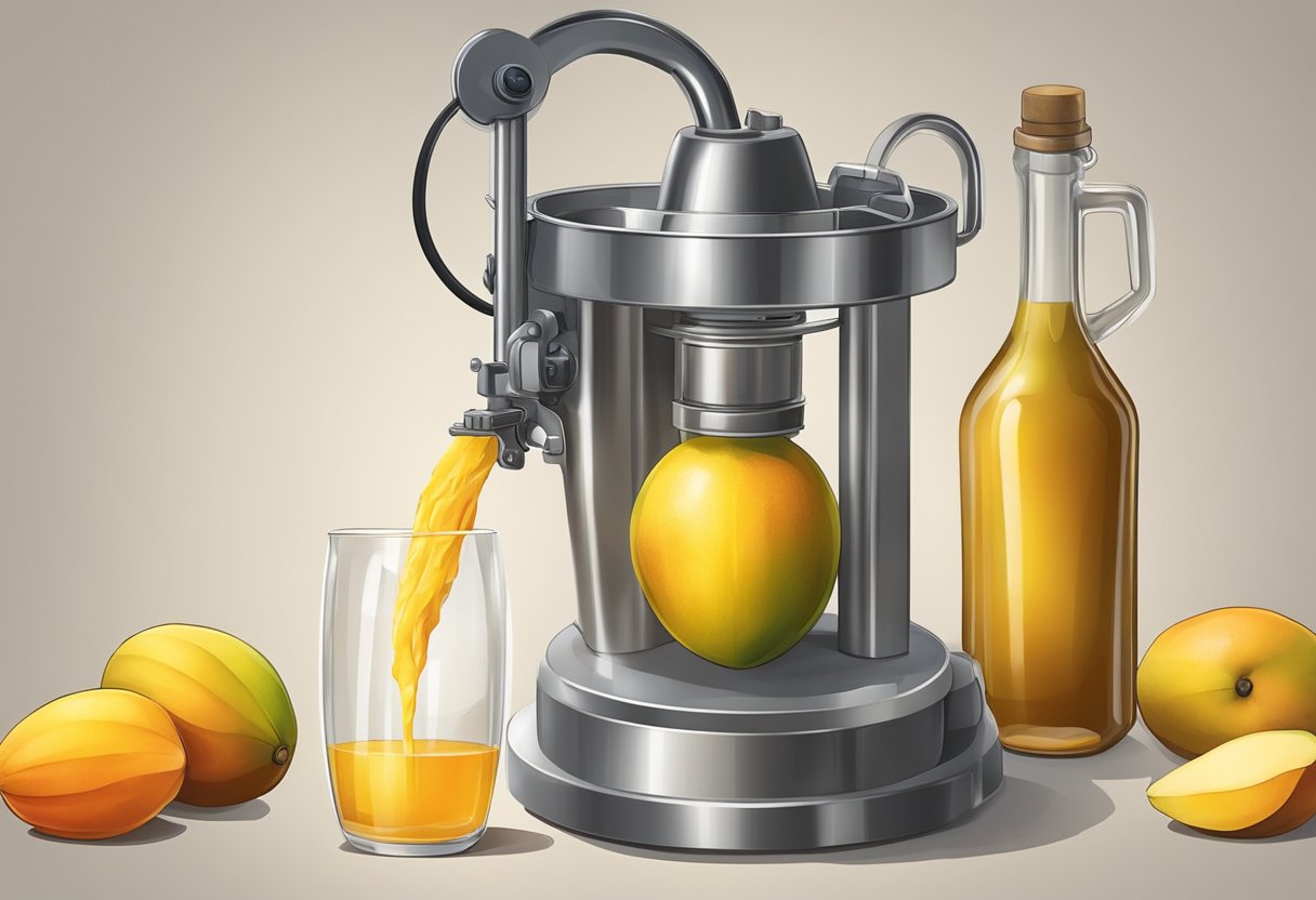 A ripe mango is being peeled and chopped, its juicy flesh being pressed to extract the sweet nectar. A carboy is filled with the vibrant liquid, ready to ferment into mango wine