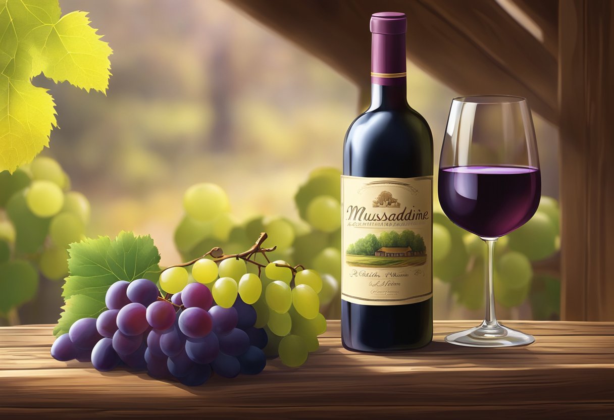 A bottle of muscadine wine sits on a rustic wooden table, surrounded by fresh grapes and a wine glass. A warm, inviting atmosphere with soft lighting sets the scene for a relaxing evening of enjoyment