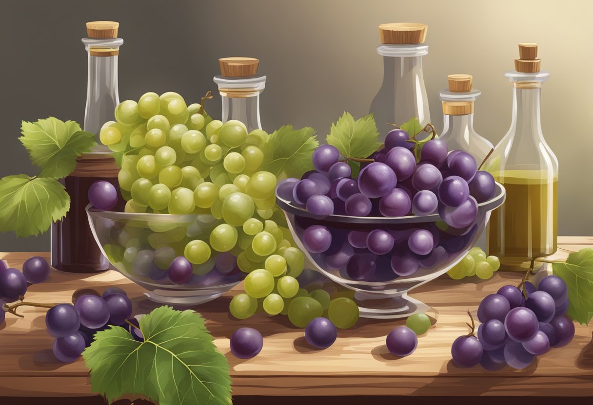 Ripe muscadine grapes being crushed and strained, then poured into glass bottles and sealed for aging