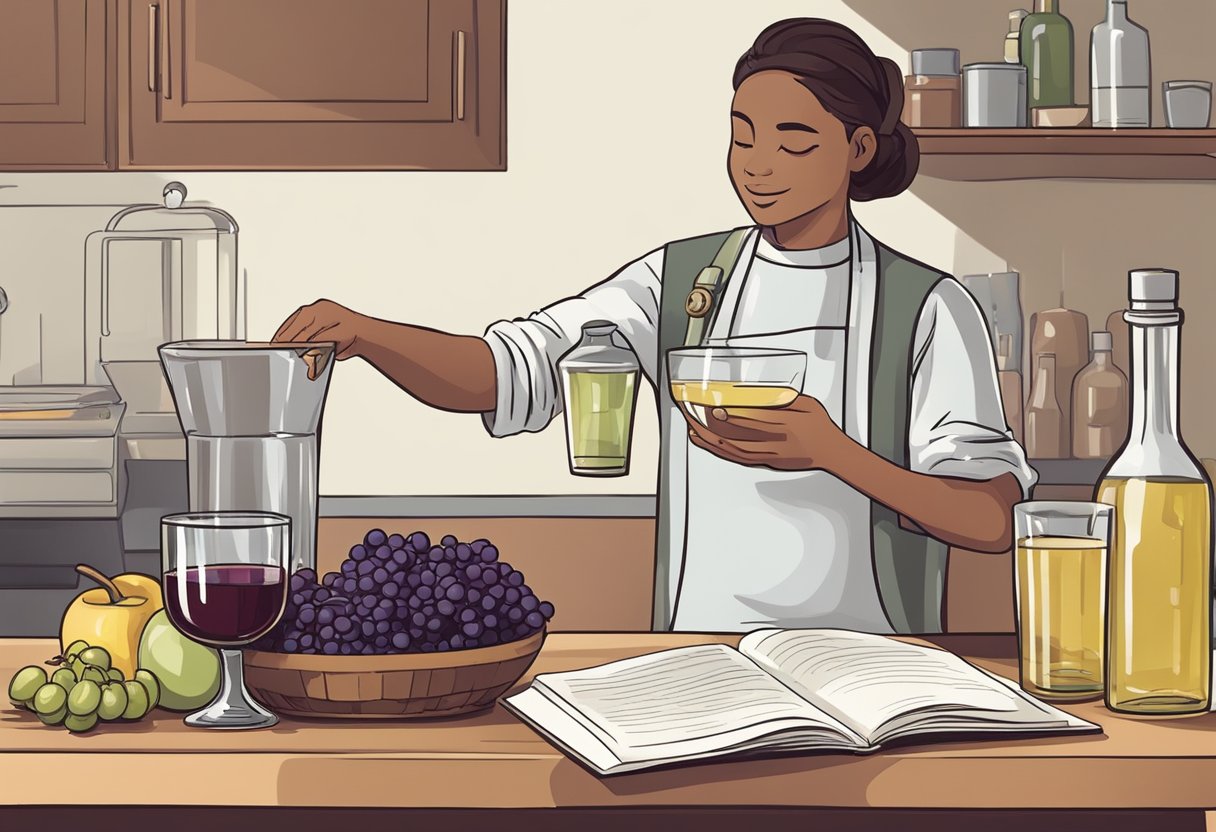 A person pours muscadine wine into a glass, while a stack of recipe books sits on the counter. A thermometer measures the temperature of the fermenting wine