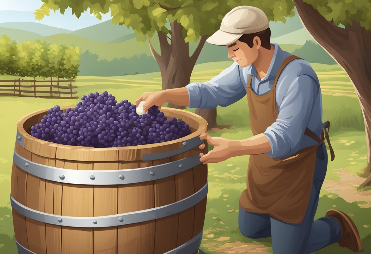 A person pouring fresh muscadine grapes into a large wooden barrel, adding sugar and yeast, and sealing the barrel with a lid