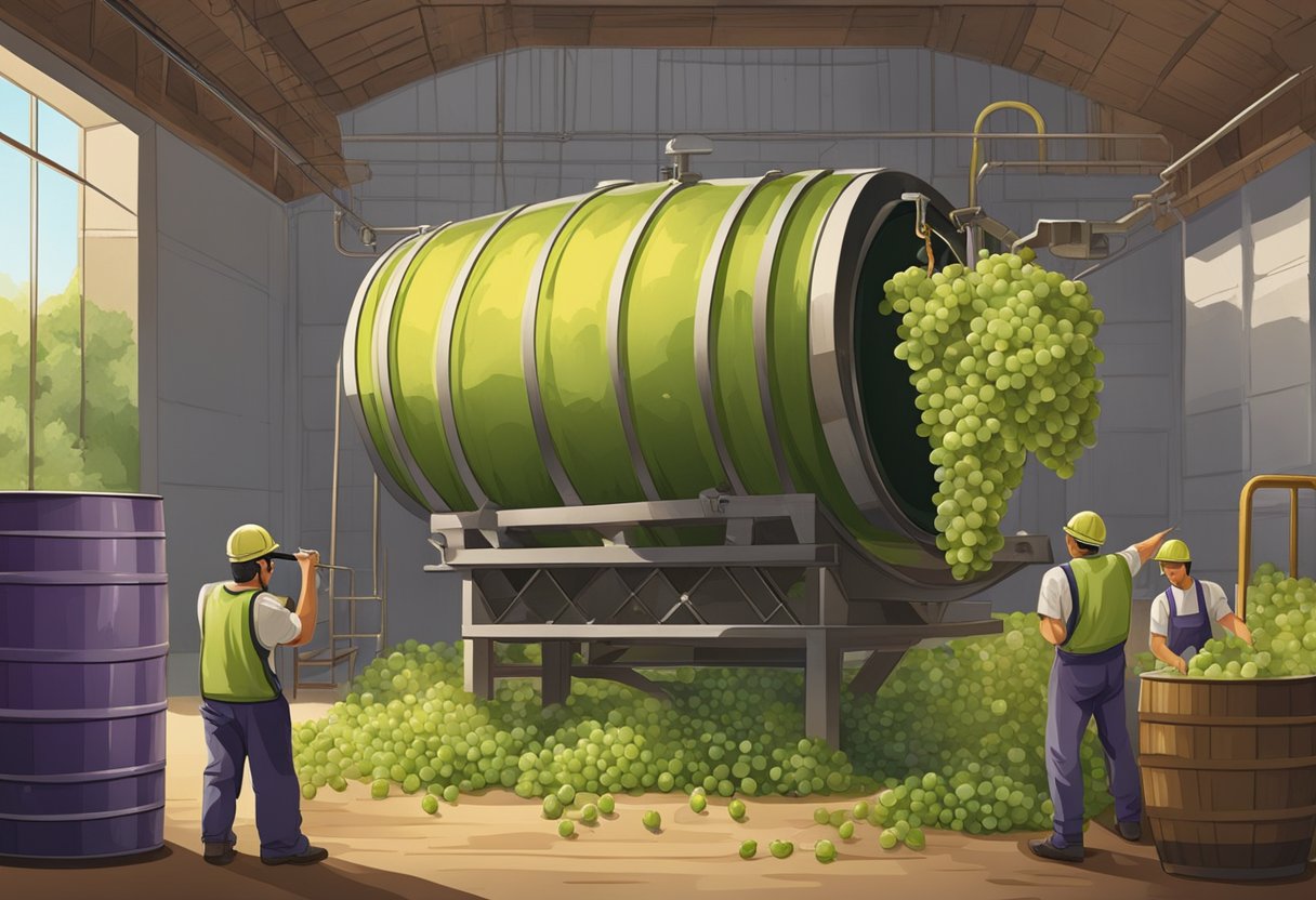 Grapes being crushed in a large barrel, juice flowing into a fermentation tank, and workers monitoring the process
