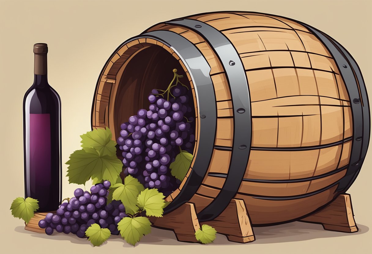 A cluster of ripe muscadine grapes being crushed into a large wooden barrel, with a jug of fermenting wine nearby