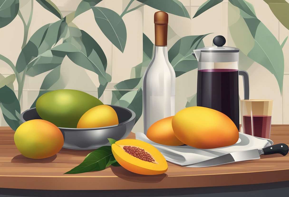 Ripe mangoes, a cutting board, a knife, a blender, sugar, and a bottle of wine on a kitchen counter