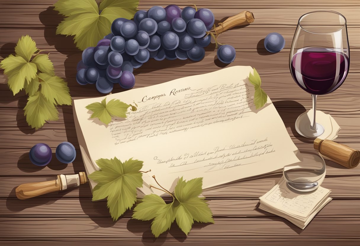 A rustic wooden table with a cluster of ripe muscadine grapes, a bottle of wine, and a handwritten recipe card