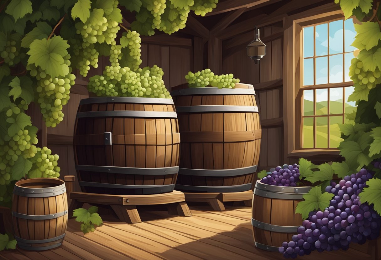 A wooden barrel sits in a rustic winery, surrounded by rows of muscadine vines. Grapes are being crushed by a mechanical press, and the rich aroma of fermenting wine fills the air