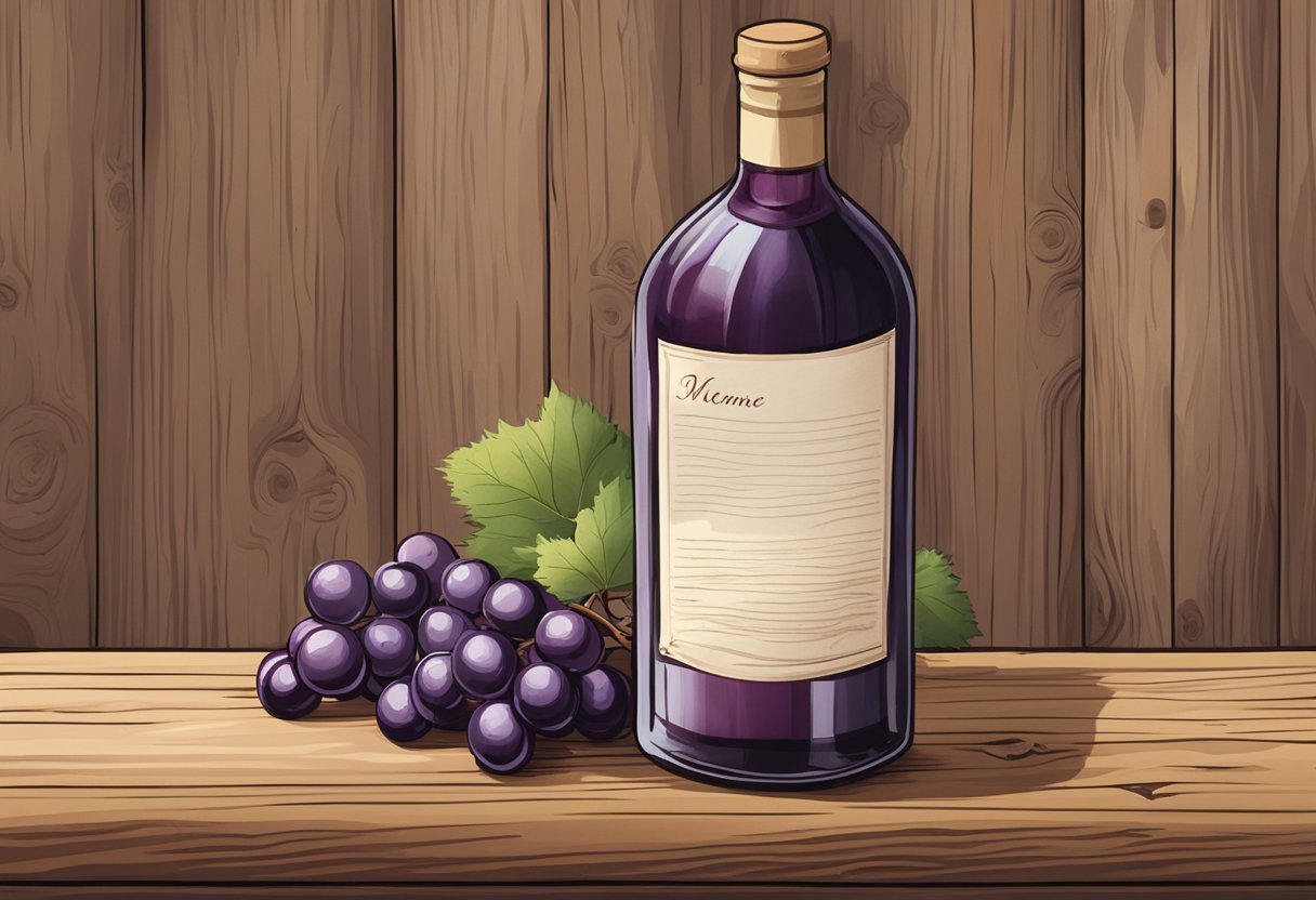 A bottle of homemade muscadine wine sits on a rustic wooden table. A cluster of ripe muscadine grapes and a handwritten recipe card are placed next to it, highlighting the nutritional information and health benefits of the wine