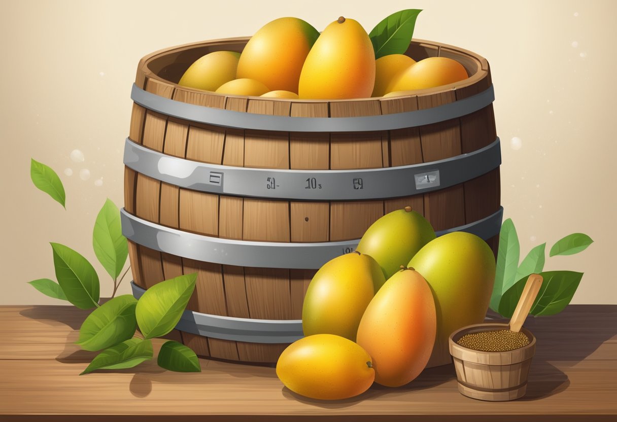 Ripe mangoes sit in a wooden barrel, surrounded by bubbling liquid. A thermometer measures the temperature as yeast and sugar mix in the fermenting process