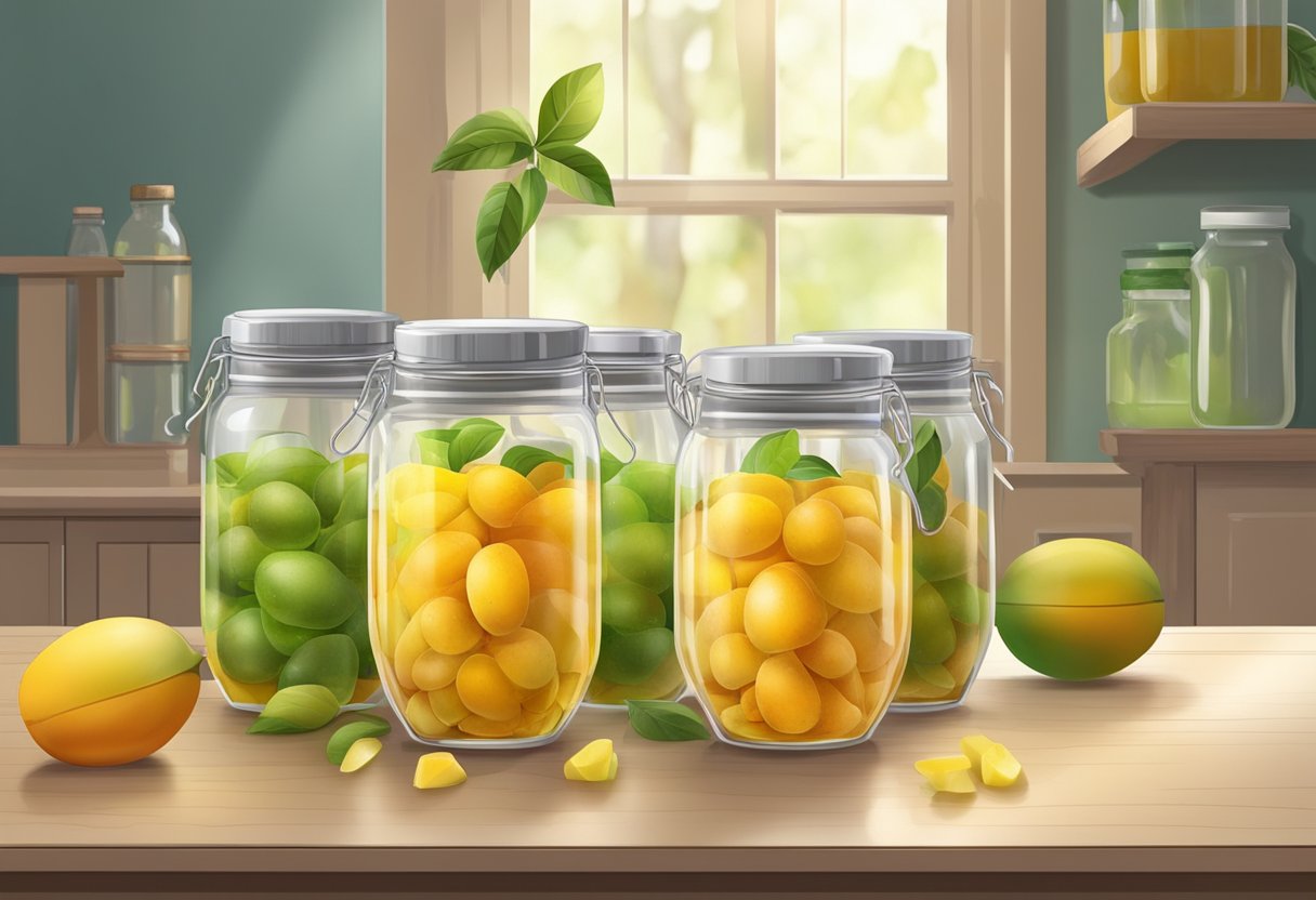 Mangoes ferment in a glass container. The liquid is siphoned into a new container, leaving sediment behind. Bottles are filled and capped