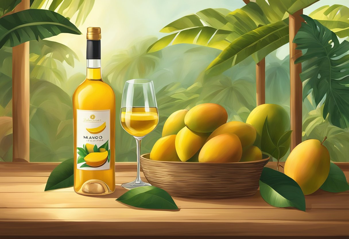 A bottle of mango wine sits on a wooden table, surrounded by fresh mangoes and a glass filled with the golden liquid. A warm, inviting atmosphere is created by soft lighting and a hint of tropical foliage in the background
