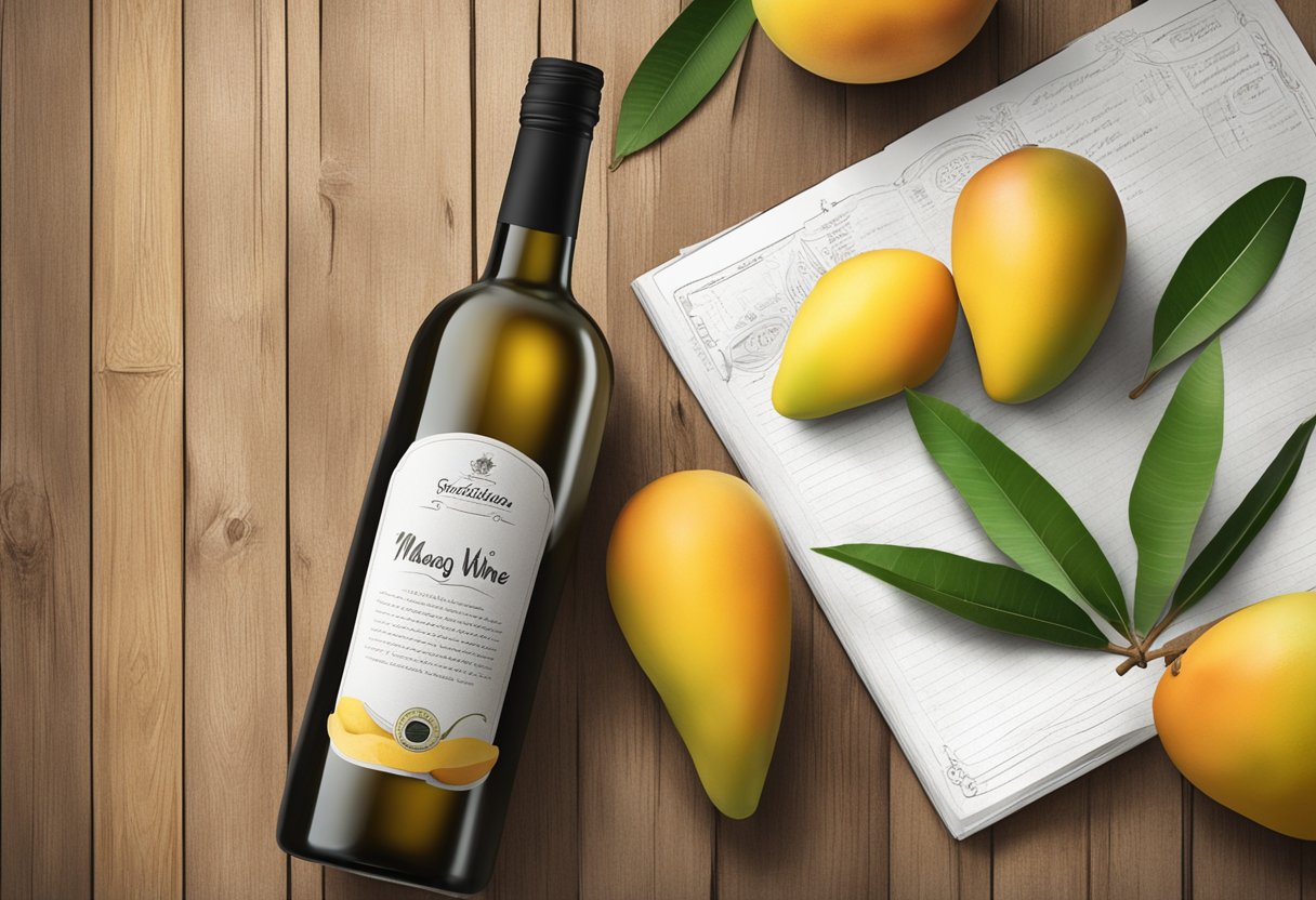 A bottle of mango wine sits on a rustic wooden table surrounded by fresh mangoes and a handwritten recipe