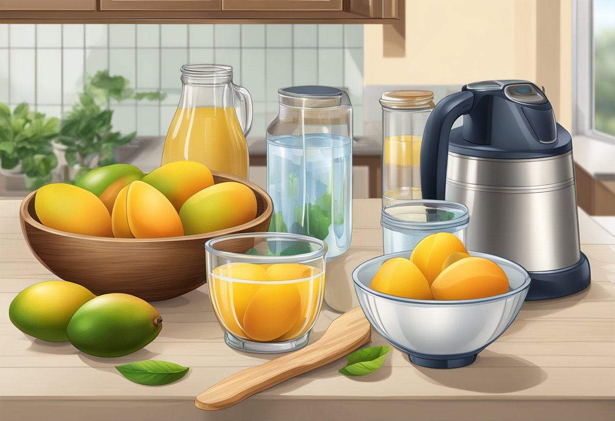 Fresh ripe mangoes, a cutting board, a knife, a blender, a large bowl, sugar, water, and a fermenting jug on a kitchen counter