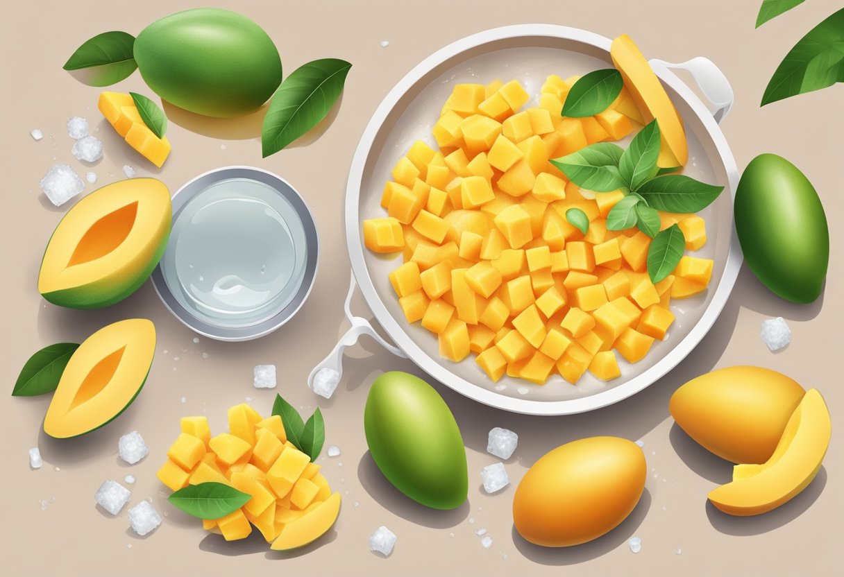 Fresh ripe mangoes being washed and peeled, then diced into small pieces. Sugar and water being mixed in a large pot