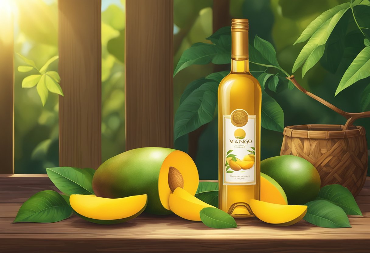 A bottle of mango wine sits on a rustic wooden table, surrounded by fresh mangoes and vibrant green leaves. The sun casts a warm glow, highlighting the rich golden color of the wine