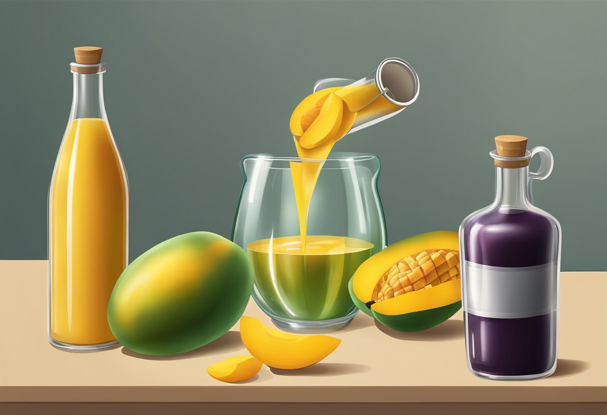 Juicy mangoes being peeled and sliced, then placed into glass bottles with a funnel. A liquid, possibly wine, being poured into the bottles